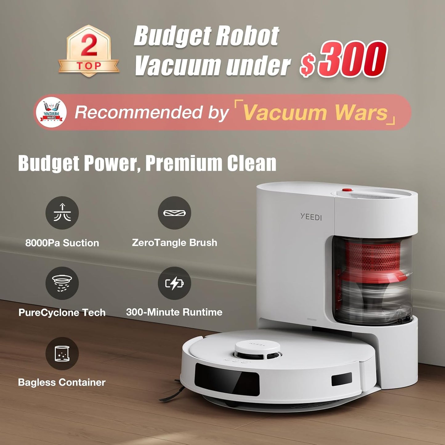Yeedi C12 Plus Robot Vacuum & Mop, 8000Pa Powerful Suction, 7-Week Bagless Bin, PureCyclone & ZeroTangle Brush, Smart App Control, Auto-Charging, White