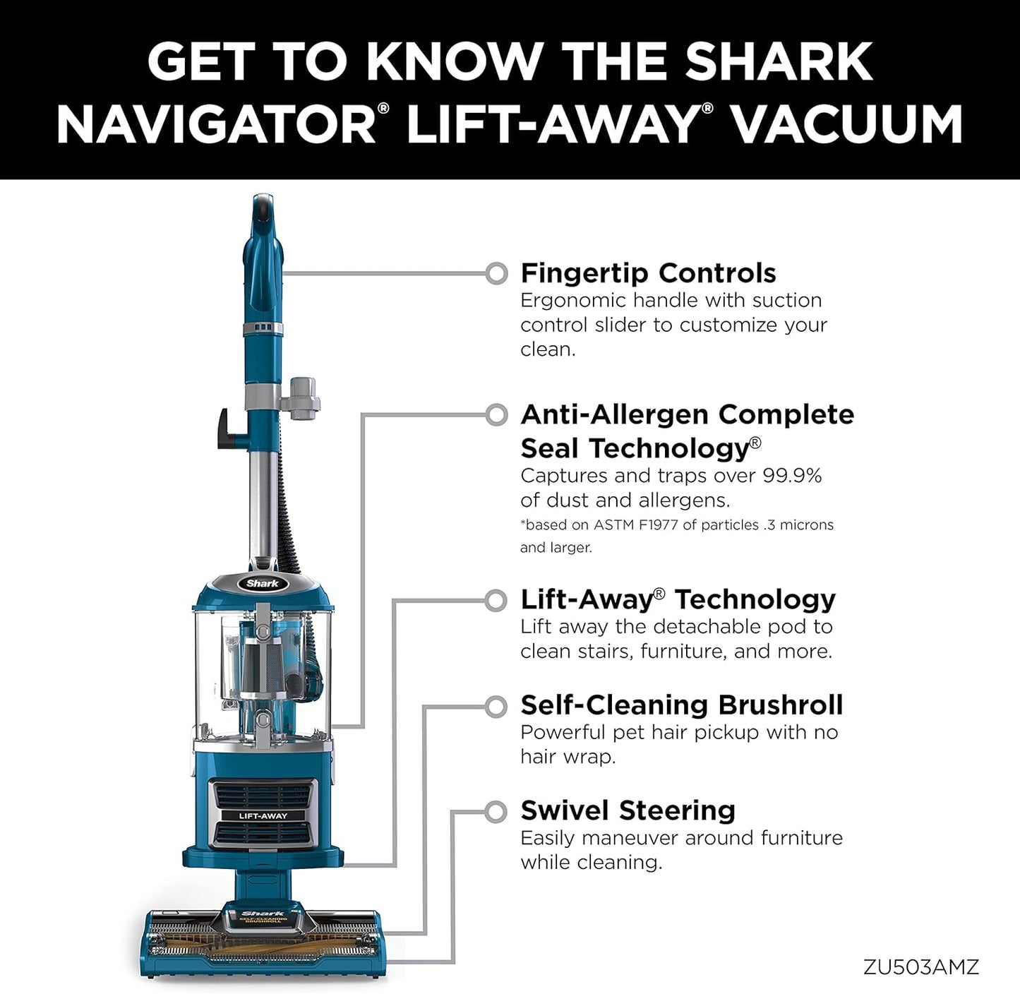 Shark Upright Vacuum, Navigator Lift-Away with Self-Cleaning Brushroll, HEPA Filter, Swivel Steering, Upholstery Tool & Pet Crevice Tool, Perfect for Pets & Multi-Surface, Teal, ZU503AMZ